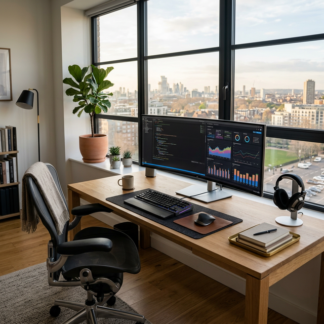 Premium home office with ultra-wide monitor and ergonomic setup overlooking city skyline